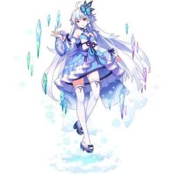 Rule 34 | 1girl, ahoge, artist request, bare shoulders, benghuai xueyuan, blue dress, blue footwear, blue ribbon, bow, butterfly hair ornament, character request, cryokinesis, crystal, dress, frilled dress, frilled sleeves, frills, full body, geta, hair ornament, honkai (series), long hair, long sleeves, looking at viewer, lowres, official art, parted lips, puffy long sleeves, puffy sleeves, red eyes, ribbon, short dress, simple background, sleeveless, sleeveless dress, smile, snow, snowflakes, solo, thighhighs, third-party source, very long hair, waist bow, waist ribbon, white background, white bow, white hair, white sleeves, white thighhighs, wrist ribbon