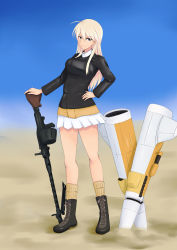 Rule 34 | 1girl, absurdres, ahoge, black jacket, blonde hair, blue eyes, blue sky, boots, breasts, brown footwear, cross-laced footwear, desert, drum magazine, gun, hand on own hip, hanna-justina marseille, highres, isosceles triangle (xyzxyzxyz), jacket, lace-up boots, long hair, looking at viewer, machine gun, magazine (weapon), medium breasts, mg 34, military, military uniform, planted, pleated skirt, sand, skirt, sky, smile, smirk, socks, solo, strike witches, striker unit, tan shirt, uniform, weapon, white skirt, witches of africa, world witches series, yellow socks