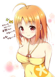 Rule 34 | 10s, 1girl, ahoge, breasts, casual one-piece swimsuit, cleavage, geko, large breasts, love live!, love live! school idol festival, love live! sunshine!!, one-piece swimsuit, orange hair, red eyes, short hair, smile, solo, standing, swimsuit, takami chika, translation request, yellow one-piece swimsuit