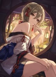 Rule 34 | 1girl, absurdres, bare shoulders, black eyes, blonde hair, blue skirt, blurry, breasts, closed mouth, day, depth of field, dutch angle, earrings, feet out of frame, finger to mouth, from side, hair between eyes, hair ribbon, hand up, highres, idolmaster, idolmaster cinderella girls, indoors, japanese clothes, jewelry, light particles, looking at viewer, obi, off shoulder, pleated skirt, ribbon, ribbon-trimmed sleeves, ribbon trim, round window, sash, shino sto, shiomi syuko, short hair, sitting, skirt, smile, solo, tassel, tassel earrings, window