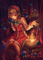 Rule 34 | 1girl, bad id, bad pixiv id, black pantyhose, blue flower, blue rose, book, book stack, boots, brown hair, curtains, dress, flower, frilled dress, frills, gem, hands up, headdress, highres, knees together feet apart, lantern, light smile, looking at viewer, original, outstretched hand, pantyhose, plant, red dress, red eyes, red footwear, rose, saijou yukina, short hair, sitting, solo, vines