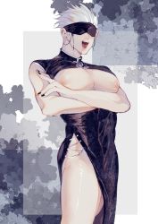 Rule 34 | 1boy, bare pectorals, bare shoulders, black blindfold, black dress, black nails, blindfold, china dress, chinese clothes, cross-laced clothes, crossdressing, crossed arms, dress, facing viewer, gojou satoru, highres, jujutsu kaisen, male focus, moy64904958, nail polish, nipples, pectorals, pelvic curtain, puffy chest, reflective floor, short hair, side slit, sleeveless, sleeveless dress, smile, solo, thick thighs, thighs, tongue, tongue out, turtleneck, white hair