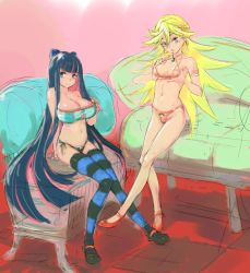 Rule 34 | 10s, 2girls, bikini, blonde hair, blue eyes, bow, breasts, cleavage, covered erect nipples, earrings, hair bow, high heels, jewelry, large breasts, long hair, multicolored hair, multiple girls, navel, np (slipbounds), panty &amp; stocking with garterbelt, panty (psg), shoes, siblings, sisters, sitting, smile, stocking (psg), striped clothes, striped legwear, striped thighhighs, swimsuit, thighhighs