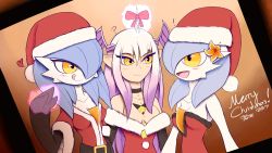 Rule 34 | !, 2017, 3girls, ?, absurdres, alternate color, artist name, bare shoulders, belt, black gloves, black neckwear, blue hair, blueman282, blush, borrowed character, bow, breasts, brown background, choker, christmas, cleavage, collarbone, creatures (company), dated, dress, elbow gloves, english text, female focus, flower, fur trim, game freak, gardevoir, gen 3 pokemon, gloves, gradient background, gradient hair, hair flower, hair ornament, hair over one eye, hand up, hat, heart, highres, licking lips, long hair, medium breasts, merry christmas, multicolored hair, multiple girls, nintendo, no bra, off shoulder, open mouth, orange eyes, orange flower, original, pointy ears, pokemon, pokemon (creature), pokemon rse, purple hair, red bow, red dress, red headwear, santa costume, santa hat, shiny pokemon, short hair, short sleeves, signature, simple background, smile, standing, strapless, strapless dress, telekinesis, text focus, tongue, tongue out, wings