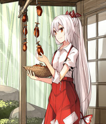 Rule 34 | 1girl, bamboo, bamboo forest, basket, bow, commentary request, cowboy shot, dried persimmon, food, forest, fruit, fujiwara no mokou, hair between eyes, hair bow, holding, holding basket, long hair, nature, ofuda, outdoors, pants, persimmon, red eyes, red pants, rock, shirt, short sleeves, silver hair, smile, solo, standing, suspenders, torn clothes, torn sleeves, touhou, uruu gekka, very long hair, white bow, white shirt