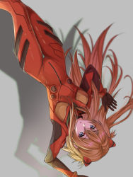 Rule 34 | 1girl, artist request, blue eyes, bodysuit, breasts, brown hair, eyebrows visible through, hair between eyes, highres, long hair, looking at viewer, neon genesis evangelion, plugsuit, red bodysuit, shiny clothes, simple background, skin tight, solo, souryuu asuka langley, thigh gap, two side up, very long hair