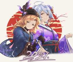 Rule 34 | 2021, 2girls, ahoge, arm hug, black gloves, black headwear, blonde hair, blue kimono, blush, brown eyes, closed mouth, commentary request, cropped torso, floral print, frilled sleeves, frills, gloves, granblue fantasy, hat ornament, highres, index finger raised, japanese clothes, kimono, long hair, long sleeves, looking at viewer, multiple girls, nos, print kimono, purple kimono, red eyes, red ribbon, ribbon, silva (granblue fantasy), silver hair, smile, tassel, tweyen (granblue fantasy), tweyen (twilight ties kimono) (granblue fantasy), upper body, v, wide sleeves