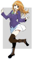 Rule 34 | 10s, 1girl, black footwear, black thighhighs, blue jacket, blunt bangs, bonkara (sokuseki maou), boots, clenched hands, commentary, full body, girls und panzer, green shirt, grey background, head tilt, jacket, leg up, long hair, long sleeves, looking at viewer, military, military uniform, miniskirt, ooarai military uniform, open mouth, orange eyes, orange hair, outside border, pleated skirt, shirt, skirt, smile, solo, standing, standing on one leg, takebe saori, thighhighs, uniform, w arms, white skirt, zipper