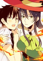 Rule 34 | 10s, 1boy, 1girl, arm around shoulder, bad id, bad pixiv id, black hair, bow, brown eyes, brown hair, clenched hands, collared shirt, fire, green eyes, hands on own chest, hat, kagari ayaka, looking at viewer, mosuko, necktie, shirt, sketch, sweatdrop, takamiya honoka, witch, witch craft works, witch hat