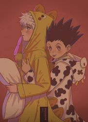 Rule 34 | 2boys, :o, animal costume, black hair, blue eyes, blush, character name, commentary, cow costume, dinosaur costume, drawstring, food in mouth, from side, gon freecss, hand up, highres, holding, holding pillow, hood, hood down, hood up, hug, hug from behind, hunter x hunter, killua zoldyck, long sleeves, looking at viewer, luye yuan, male focus, mouth hold, multiple boys, pillow, pom pom (clothes), profile, purple eyes, red background, short hair, spiked hair, symbol-only commentary, upper body, white hair, widow&#039;s peak, yaoi