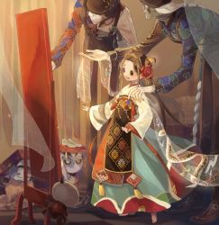 Rule 34 | 1girl, 2boys, 3others, barefoot, black hair, braid, chinese clothes, curtains, facial mark, fan wujiu, floating, floral print, forehead mark, full body, glasses, hair ornament, hanbok, identity v, korean clothes, long hair, long sleeves, mini fan, mini xie, mirror, multicolored hair, multiple boys, multiple others, opaque glasses, shoes, single braid, smile, sukehige, sunglasses, transparent curtains, two-tone hair, white hair, wind, wu chang, xie bian