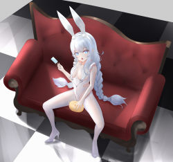Rule 34 | 1girl, absurdres, animal ears, armpits, azur lane, blue eyes, braid, breasts, dido (magicc), fake animal ears, food, from above, hair between eyes, hair ornament, hairclip, high heels, highres, holding, holding food, ice cream, le malin (azur lane), le malin (listless lapin) (azur lane), leotard, long hair, looking at viewer, manjuu (azur lane), official alternate costume, open mouth, pantyhose, playboy bunny, rabbit ears, saliva, silver hair, sitting, small breasts, solo, star-shaped pupils, star (symbol), symbol-shaped pupils, twin braids, white footwear, white pantyhose