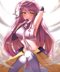 Rule 34 | 1girl, absurdres, angel wings, arm behind head, armpits, breasts, chiinyan, commentary request, spiked halo, crop top, feathered wings, gloves, halo, highres, jibril (no game no life), large breasts, long hair, low wings, magic circle, midriff, no game no life, pink hair, sideboob, smile, solo, thighhighs, very long hair, white wings, wing ears, wings, yellow eyes