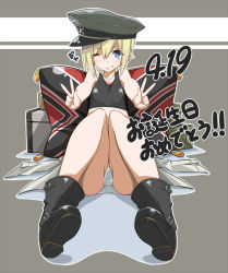 Rule 34 | 1girl, bad id, bad pixiv id, birthday, blonde hair, blue eyes, boots, erica hartmann, hat, nacl, one eye closed, panties, pillow, shokuen shiwe, short hair, smile, solo, sports bra, strike witches, translated, underwear, v, wink, world witches series