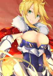 Rule 34 | 1girl, armpits, artoria pendragon (all), artoria pendragon (fate), artoria pendragon (lancer) (fate), bad id, bad pixiv id, blonde hair, braid, braided bun, breasts, cleavage, cleavage cutout, clothing cutout, covered navel, fate/grand order, fate (series), from below, fur trim, gauntlets, green eyes, hair bun, holding, holding weapon, lance, large breasts, looking at viewer, parted lips, pinta (ayashii bochi), polearm, rhongomyniad (fate), saber (fate), smile, solo, weapon