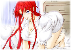 Rule 34 | 1girl, all fours, bed, blue eyes, braid, breasts, cleavage, female focus, hong meiling, large breasts, looking at viewer, naked shirt, niwatazumi, no headwear, no headwear, red hair, shirt, solo, touhou, twin braids
