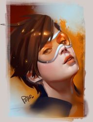 Rule 34 | 1girl, brown hair, goggles, image sample, lips, lipstick, looking at viewer, looking to the side, makeup, nose, overwatch, overwatch 1, parted lips, peter xiao, portrait, short hair, smile, solo, spiked hair, superschool48, tracer (overwatch), upper body