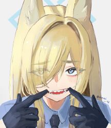 Rule 34 | 1girl, animal ear fluff, animal ears, black gloves, black necktie, blonde hair, blue archive, blue eyes, blue halo, blue shirt, blush, close-up, collared shirt, commentary, fox ears, gloves, hair over one eye, halo, highres, index finger raised, kanna (blue archive), long hair, looking at viewer, mouth pull, necktie, one eye covered, open mouth, sharp teeth, shiosai 73, shirt, simple background, solo, symbol-only commentary, teeth, tongue, twitter username, white background