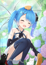 Rule 34 | 1girl, absurdres, animal print, azur lane, bare shoulders, black gloves, blue hair, blush, boots, buttons, cat, cat hair ornament, cat print, closed eyes, day, double-breasted, dress, elbow gloves, fingerless gloves, full body, gloves, hair ornament, hair over one eye, hairclip, hand up, happy, headgear, highres, holding, holding umbrella, knees to chest, knees together feet apart, legs, lena (azur lane), long hair, outdoors, paashe, panties, pantyshot, patting, rabbit hair ornament, rabbit print, sleeveless, sleeveless dress, solo, squatting, thigh boots, thighs, translation request, twintails, umbrella, underwear, upskirt, white panties