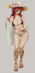 Rule 34 | 1girl, absurdres, bikini, black bikini, breasts, brown hat, chinese commentary, cleavage, closed mouth, commentary request, constant qiu, elf, flower, green eyes, hair between eyes, halterneck, hat, hat flower, highres, large breasts, long hair, long sleeves, looking at viewer, off shoulder, open clothes, open shirt, original, pink flower, pointy ears, red hair, sandals, sarong, scar, scar on arm, scar on chest, scar on leg, scar on stomach, see-through sarong, shirt, smile, solo, standing, stomach, straw hat, string bikini, sunglasses, swimsuit, white shirt