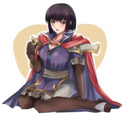 Rule 34 | 1girl, armor, bad id, bad tumblr id, black hair, cape, fire emblem, fire emblem: thracia 776, hime cut, holding, looking at viewer, nintendo, olwen (fire emblem), pauldrons, rem (eyes 410), shoulder armor, sitting, smile, solo, thighhighs, yellow eyes