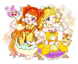 Rule 34 | 2girls, ?, amanogawa kirara, aroma (go! princess precure), blonde hair, blunt bangs, bow, bowtie, brooch, bubble skirt, choker, commentary request, cone hair bun, cosplay, costume switch, cure sparkle, cure twinkle, dress, earrings, gloves, go! princess precure, green eyes, hair bun, hair ornament, healin&#039; good precure, healing animal, heart, heart hair ornament, hiramitsu hinata, hoppetoonaka3, jewelry, long hair, magical girl, multicolored hair, multiple girls, nyatoran (precure), one eye closed, open mouth, orange bow, orange bowtie, pom pom (clothes), pom pom earrings, precure, purple eyes, simple background, skirt, star (symbol), star brooch, star earrings, twintails, two-tone hair, v, vest, white gloves, yellow choker, yellow vest