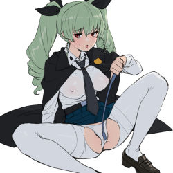 Rule 34 | 1girl, anchovy (girls und panzer), anzio school uniform, belt, black belt, black cape, black footwear, black necktie, black ribbon, black skirt, blush, cape, clitoral stimulation, commentary, covered erect nipples, crotch cutout, crotch rub, crotch seam, dress shirt, drill hair, emblem, female masturbation, girls und panzer, green hair, hair ribbon, half-closed eyes, highres, holding, leaning back, loafers, long hair, long sleeves, looking at viewer, masturbation, masturbation through clothes, miniskirt, necktie, onsen tamago (hs egg), open mouth, panties, pantyhose, pleated skirt, red eyes, ribbon, riding crop, school uniform, shirt, shoes, simple background, sitting, skirt, solo, spread legs, sweatdrop, torn clothes, twin drills, twintails, underwear, white background, white panties, white pantyhose, white shirt, wing collar