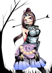 Rule 34 | 1girl, armor, arms behind back, arrow (projectile), brown hair, female focus, headband, inahime, long hair, mouth hold, nature, plant, ponytail, purple eyes, sengoku musou, skirt, solo, white background, wotaten