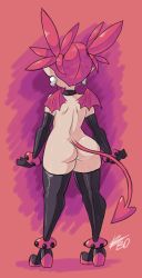 Rule 34 | 1girl, anklet, ass, bad id, bad tumblr id, bigdead, black gloves, black thighhighs, collar, demon girl, demon tail, disgaea, earrings, elbow gloves, etna (disgaea), from behind, full body, gloves, highres, jewelry, pointy ears, red hair, skindentation, skull earrings, solo, tail, thighhighs