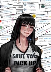 Rule 34 | 1girl, absurdres, ayaki blade, black hair, black jacket, blunt bangs, breasts, closed mouth, clothes writing, commentary, english commentary, english text, frown, glasses, highres, jacket, lips, looking down, medium breasts, original, reading, round eyewear, sad, shirt, solo, sylense (ayaki blade), twitter, twitter username, unamused, upper body, v-neck, white shirt