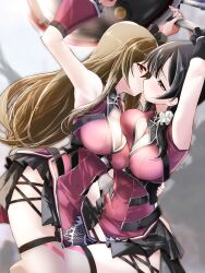 Rule 34 | 2girls, arm around waist, arm up, armpits, arms up, assault lily, asymmetrical docking, belt, black belt, black hair, black ribbon, black skirt, blunt bangs, breast press, breasts, buckle, chest belt, chinese clothes, cleavage, cleavage cutout, closed mouth, clothing cutout, commentary request, covered navel, cowboy shot, detached sleeves, dragon print, dress, eye contact, face-to-face, flower knot, frilled sleeves, frills, garter straps, gradient background, green eyes, grey background, grey thighhighs, hair ornament, hair over shoulder, hair ribbon, hair scrunchie, half-closed eyes, hand on another&#039;s back, highres, holding, holding shield, holding weapon, kiss, kuo shenlin, large breasts, leg between thighs, light blush, light brown hair, long hair, looking at another, low ponytail, miniskirt, multiple girls, official alternate costume, pelvic curtain, pleated skirt, print dress, profile, raised eyebrows, red dress, red eyes, ribbon, scrunchie, shield, short sleeves, side ponytail, side slit, sidelocks, skirt, skirt under dress, sleeveless, sleeveless dress, snap-fit buckle, tassel, thighhighs, underbust, urutsu sahari, very long hair, wang yujia, weapon, white scrunchie, yuri