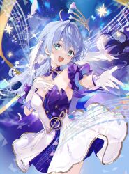 Rule 34 | 1girl, absurdres, aqua eyes, asymmetrical gloves, bare shoulders, bracelet, detached sleeves, dress, falling feathers, feathers, gloves, hair between eyes, halo, hand on own chest, head wings, highres, honkai: star rail, honkai (series), jewelry, long hair, looking at viewer, musical note, nekojita (ika neko46), open mouth, purple dress, robin (honkai: star rail), short sleeves, smile, solo, teeth, two-tone dress, uneven gloves, upper teeth only, white dress, white gloves, white wings, wings