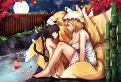 Rule 34 | 2girls, :3, animal ears, animal hat, autumn leaves, bamboo, black hair, blonde hair, breasts, bush, cat ears, cat tail, chen, cleavage, closed eyes, cloud, collarbone, convenient leg, fence, flat chest, fluffy, fox tail, from side, full moon, hat, highres, large breasts, leaf, looking at another, mob cap, moon, moonlight, multiple girls, multiple tails, naked towel, night, night sky, nude, on head, onsen, pantie painting, parted lips, mob cap, ripples, rock, short hair, sitting, sitting on rock, size difference, sky, smile, steam, tail, thighs, touhou, towel, two tails, water, wooden fence, yakumo ran, yellow eyes