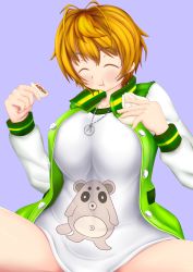 Rule 34 | 1girl, absurdres, antenna hair, artist request, blue background, breasts, brown hair, eating, closed eyes, happy, highres, jacket, large breasts, long sleeves, medium breasts, necklace, nitroplus, plump, shirt, short hair, sitting, smile, solo, tanuki, thick thighs, thighs, watanuki fuuri, white shirt