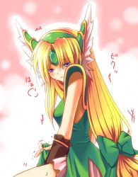 Rule 34 | 1girl, armor, blonde hair, blue eyes, blush, bow, breasts, brown gloves, commentary request, cowboy shot, dress, forehead jewel, gem, gloves, green bow, green dress, hair bow, helmet, long hair, looking at viewer, low-tied long hair, medium breasts, open mouth, pauldrons, riesz, sakakura (sariri), seiken densetsu, seiken densetsu 3, shoulder armor, sleeveless, sleeveless dress, solo, translation request, trembling, valkyrie, very long hair, winged helmet