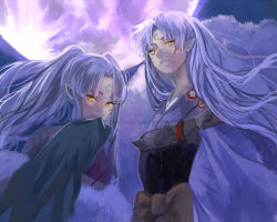 Rule 34 | 1boy, 1girl, age difference, armor, covering face, covering own mouth, covering privates, facial mark, forehead mark, inuyasha, kyouichi, lips, long hair, moon, mother and son, night, pointy ears, ponytail, sesshoumaru, sesshoumaru&#039;s mother, smile, traditional youkai, twintails, white hair, wide sleeves, yellow eyes