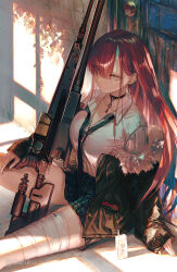 Rule 34 | 1girl, bandages, choker, collarbone, earrings, from above, fur collar, garuku, gun, highres, hime cut, indoors, jacket, jewelry, key, looking at viewer, looking up, miniskirt, necktie, original, pale skin, pleated skirt, red hair, rifle, shirt, sitting, skirt, sniper rifle, solo, weapon, white shirt, yellow eyes
