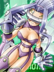 Rule 34 | 1girl, boots, breasts, cleavage, digimon, digimon (creature), digimon collectors, elbow gloves, facial mark, fairimon, fairy, female focus, garter belt, gauntlets, gloves, hair flip, large breasts, light purple hair, lingerie, long hair, lowres, midriff, monster girl, navel, official art, panties, shoulder pads, smile, solo, thigh boots, thighhighs, underwear, visor, wings