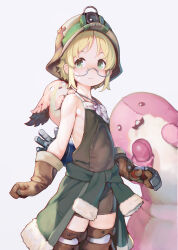 Rule 34 | 1girl, ataruman, blonde hair, brown gloves, brown thighhighs, closed mouth, clothes around waist, commentary request, flat chest, glasses, gloves, green eyes, grey-framed eyewear, helmet, highres, looking at viewer, maaa, made in abyss, meinya (made in abyss), riko (made in abyss), semi-rimless eyewear, short hair, sleeveless, smile, standing, thighhighs, thighs, under-rim eyewear