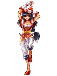Rule 34 | 1girl, absurdres, ainu clothes, arms up, blue hair, breasts, brown eyes, cleavage, clothes pull, fingerless gloves, fundoshi, gloves, hair over one eye, hair ribbon, highres, japanese clothes, legs, long hair, looking at viewer, medium breasts, nakoruru, open clothes, pants, pants pull, ribbon, samurai spirits, snk, the king of fighters, thighs, underboob