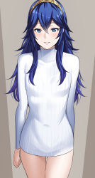 Rule 34 | 1girl, ameno (a meno0), arm at side, arm behind back, blue eyes, blue hair, breasts, fire emblem, fire emblem awakening, gold hairband, hairband, long hair, looking at viewer, lucina (fire emblem), nintendo, no pants, parted lips, small breasts, solo, sweater, taut sweater, thighs, tiara, turtleneck, turtleneck sweater, wavy hair, white sweater