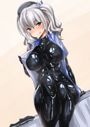 Rule 34 | 10s, 1girl, :q, arm support, ayuayu (shouyu no sato), black bodysuit, blue eyes, blush, bodysuit, bodysuit under clothes, bow, breasts, covered erect nipples, dutch angle, hair bow, highres, kantai collection, kashima (kancolle), large breasts, latex, latex suit, licking lips, long hair, looking at viewer, naughty face, open clothes, silver hair, sitting, skin tight, smile, solo, tongue, tongue out, twintails