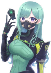 Rule 34 | 1girl, absurdres, armor, black gloves, bodysuit, breasts, cosplay, ear piercing, explosive, gas mask, gloves, green bodysuit, green hair, grenade, highres, large breasts, long hair, looking at viewer, mask, mouth mask, nemui 85, piercing, purple eyes, shoulder armor, simple background, solo, swept bangs, upper body, valorant, viper (valorant), viper (valorant) (cosplay), virtual youtuber, vspo!, white background, yakumo beni