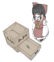Rule 34 | 1girl, :|, ascot, black hair, bow, box, closed mouth, detached sleeves, donation box, empty eyes, expressionless, frilled shirt collar, frills, from above, hair bow, hair tubes, hakurei reimu, highres, leaf, loafers, long hair, long sleeves, nontraditional miko, peroponesosu., red bow, red skirt, red vest, ribbon-trimmed skirt, ribbon-trimmed sleeves, ribbon trim, shoes, simple background, skirt, solo, standing, touhou, translation request, vest, white background, wide sleeves, yellow ascot