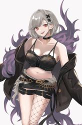 Rule 34 | 1girl, :p, alter ego malevolent (granblue fantasy), asymmetrical legwear, bare shoulders, belt, black choker, breasts, choker, collarbone, commentary request, cowboy shot, crop top, djeeta (granblue fantasy), fishnet legwear, fishnets, fur trim, gold trim, granblue fantasy, grey hair, highres, looking at viewer, medium breasts, micro shorts, midriff, navel, off shoulder, open mouth, parted bangs, red eyes, renzu (lens 02), short hair, shorts, simple background, single fishnet legwear, solo, standing, teeth, thigh gap, thigh strap, thighs, tongue, tongue out, upper teeth only, white background