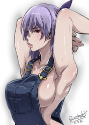 Rule 34 | 1girl, alternate costume, armpits, arms behind head, arms up, ayane (doa), breasts, buckle, butcha-u, dated, dead or alive, denim, female focus, headband, hip focus, holding own arm, large breasts, lips, looking at viewer, naked overalls, no bra, overalls, purple hair, red eyes, shadow, shiny skin, short hair, sideboob, signature, simple background, solo, sweat, tecmo, thick lips, toned, upper body, white background