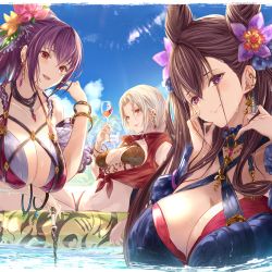 Rule 34 | 3girls, bare shoulders, bikini, black bikini, blue bikini, blue sky, blush, bracelet, breasts, brown hair, carmilla (fate), cleavage, collarbone, cone hair bun, cup, double bun, drinking glass, earrings, fate/grand order, fate (series), flower, hair between eyes, hair bun, hair flower, hair ornament, holding, holding wand, jewelry, large breasts, long hair, looking at viewer, multiple girls, murasaki shikibu (fate), navel, necklace, open mouth, parted bangs, ponytail, purple bikini, purple eyes, purple hair, red eyes, red vest, scathach (fate), scathach skadi (fate), sky, smile, swimsuit, very long hair, vest, wading, wand, water, white hair, yatsuka (846), yellow eyes