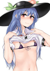 Rule 34 | 1girl, black hat, blue hair, blush, bra, breasts, closed mouth, clothes lift, collared shirt, eyebrows, food, frills, fruit, hat, highres, hinanawi tenshi, leaf, lifted by self, long hair, looking to the side, micro bra, momo retasu, navel, peach, puffy short sleeves, puffy sleeves, purple bra, red eyes, revision, shirt, shirt lift, short sleeves, simple background, small breasts, solo, stomach, sweatdrop, touhou, underwear, upper body, white background, white shirt