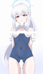 Rule 34 | 1girl, absurdres, arms behind back, bar censor, bare arms, bare legs, bare shoulders, black one-piece swimsuit, blue archive, blue halo, blush, breasts, casual one-piece swimsuit, censored, closed mouth, covered navel, cowboy shot, donutman, grey hair, halo, highres, long hair, looking at viewer, miyako (blue archive), miyako (swimsuit) (blue archive), mouth hold, off-shoulder one-piece swimsuit, off shoulder, official alternate costume, one-piece swimsuit, ponytail, purple eyes, small breasts, solo, swimsuit