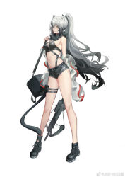 Rule 34 | 1girl, animal ears, arknights, bag, black hair, boots, bow (weapon), breasts, cat ears, closed mouth, cross-laced footwear, crossbow, full body, gradient hair, grey hair, hair between eyes, highres, long hair, medium breasts, midriff, multicolored hair, navel, pigeon-toed, ponytail, purple eyes, schwarz (arknights), short shorts, shorts, shoulder bag, sideboob, sidelocks, simple background, solo, standing, stomach, tail, thigh strap, thighs, torii vita asayoru, very long hair, weapon, white background